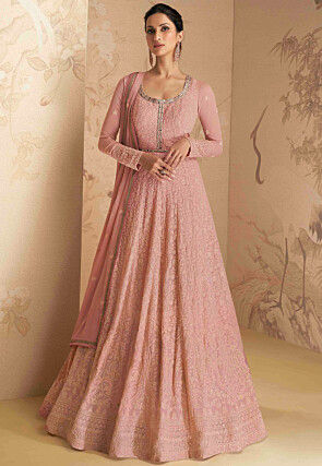 Embroidered Georgette Abaya Style Suit in Peach