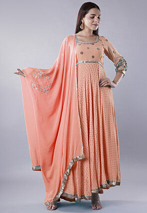 Embroidered Georgette Abaya Style Suit in Peach