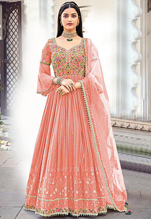 Embroidered Georgette Abaya Style Suit in Peach