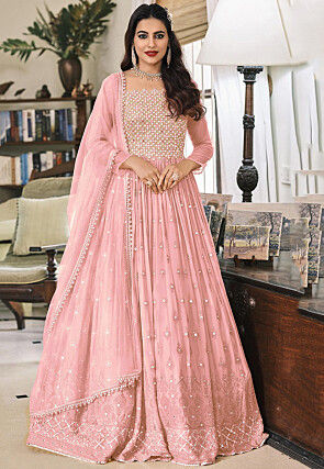 Embroidered Georgette Abaya Style Suit in Light Pink