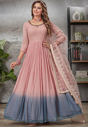 Embroidered Georgette Abaya Style Suit in Pink and Blue
