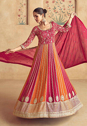 Embroidered Georgette Abaya Style Suit in Pink and Orange
