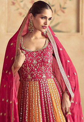 Embroidered Georgette Abaya Style Suit in Pink and Orange