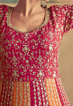 Embroidered Georgette Abaya Style Suit in Pink and Orange