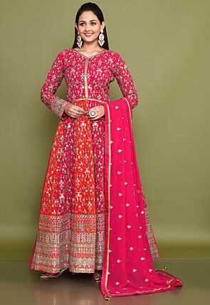 Embroidered Georgette Abaya Style Suit in Pink and Orange