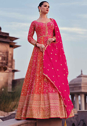 Embroidered Georgette Abaya Style Suit in Pink and Orange