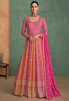 Embroidered Georgette Abaya Style Suit in Pink and Orange