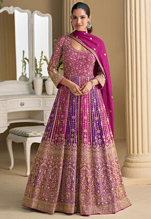 Embroidered Georgette Abaya Style Suit in Pink and Purple