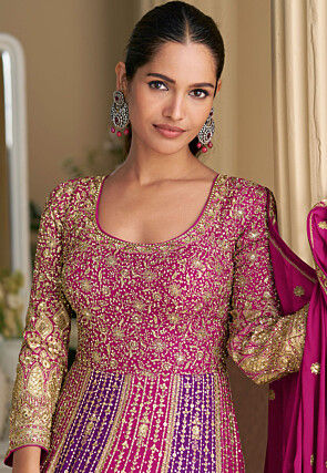 Embroidered Georgette Abaya Style Suit in Pink and Purple