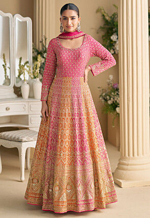Embroidered Georgette Abaya Style Suit in Pink and Yellow