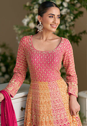 Embroidered Georgette Abaya Style Suit in Pink and Yellow