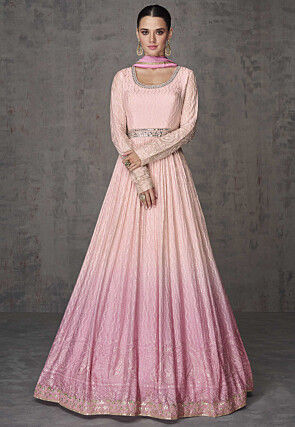 Embroidered Georgette Abaya Style Suit in Pink Ombre