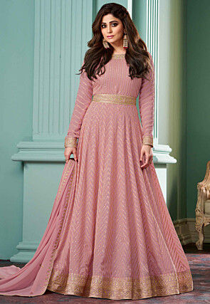 Embroidered Georgette Abaya Style Suit in Pink