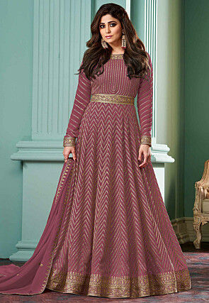 audible Excuse me Dangle Embroidered Georgette Abaya Style Suit in Pink : KCH9762