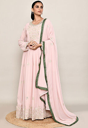 Embroidered Georgette Abaya Style Suit in Pink