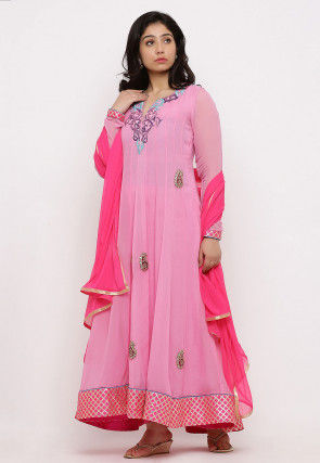 Embroidered Georgette Abaya Style Suit in Pink