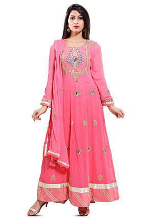 Embroidered Georgette Abaya Style Suit in Pink