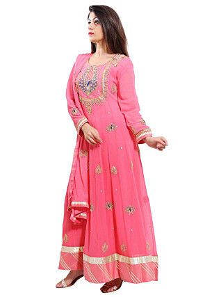 Embroidered Georgette Abaya Style Suit in Pink