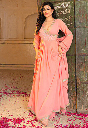 Embroidered Georgette Abaya Style Suit in Pink