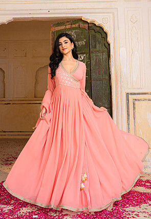 Embroidered Georgette Abaya Style Suit in Pink