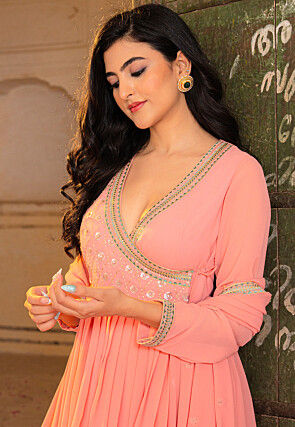 Embroidered Georgette Abaya Style Suit in Pink