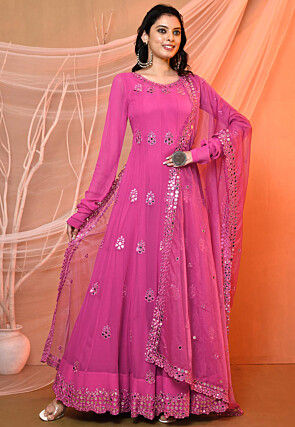Embroidered Georgette Abaya Style Suit in Pink