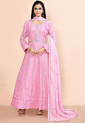 Embroidered Georgette Abaya Style Suit in Pink