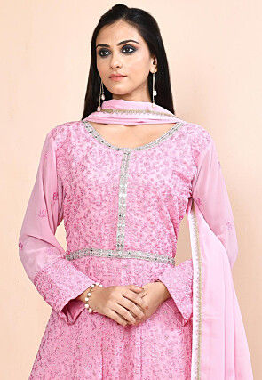 Embroidered Georgette Abaya Style Suit in Pink
