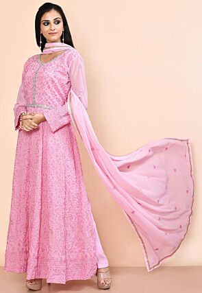 Embroidered Georgette Abaya Style Suit in Pink