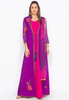Embroidered Georgette Abaya Style Suit in Purple and Fuchsia