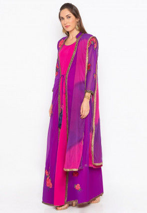 Embroidered Georgette Abaya Style Suit in Purple and Fuchsia
