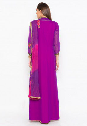 Embroidered Georgette Abaya Style Suit in Purple and Fuchsia