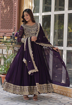 Embroidered Georgette Abaya Style Suit in Purple