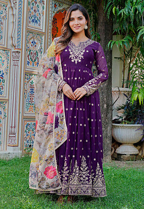 Embroidered Georgette Abaya Style Suit in Purple