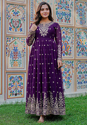Embroidered Georgette Abaya Style Suit in Purple