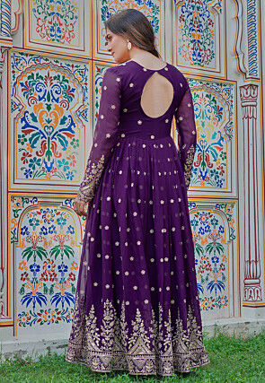 Embroidered Georgette Abaya Style Suit in Purple