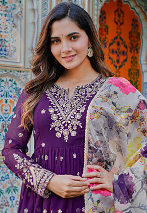 Embroidered Georgette Abaya Style Suit in Purple