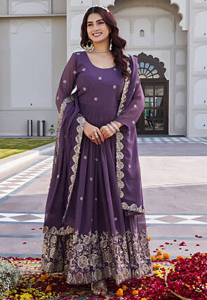 Embroidered Georgette Abaya Style Suit in Purple