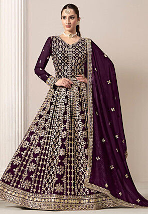 Embroidered Georgette Abaya Style Suit in Purple