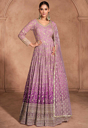 Embroidered Georgette Abaya Style Suit in Purple