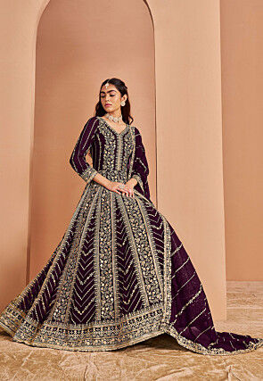 Embroidered Georgette Abaya Style Suit in Purple