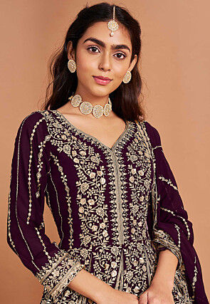 Embroidered Georgette Abaya Style Suit in Purple