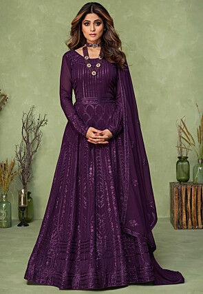 Embroidered Georgette Abaya Style Suit in Purple