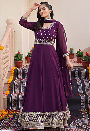 Embroidered Georgette Abaya Style Suit in Purple