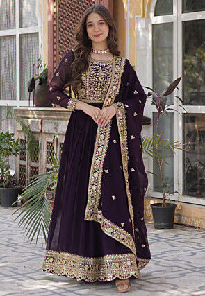 Embroidered Georgette Abaya Style Suit in Purple