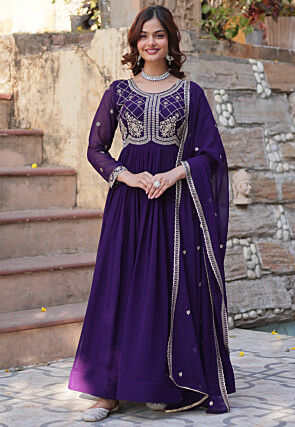 Embroidered Georgette Abaya Style Suit in Purple