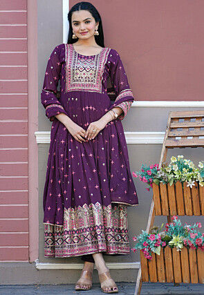 Embroidered Georgette Abaya Style Suit in Purple