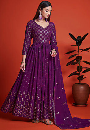 Embroidered Georgette Abaya Style Suit in Purple