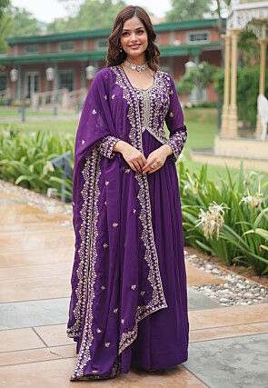 Embroidered Georgette Abaya Style Suit in Purple