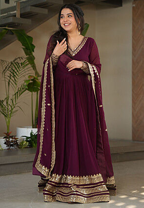 Embroidered Georgette Abaya Style Suit in Purple